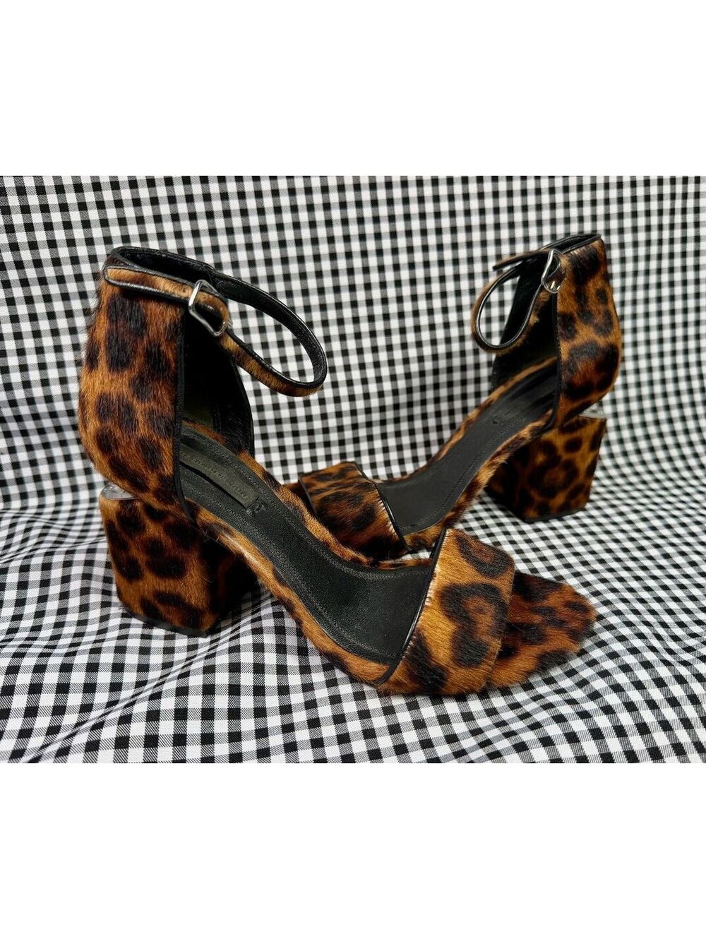 Alexander Wang Leopard Calf Hair Block Heel Sandals EU 37 Ankle Strap Designer